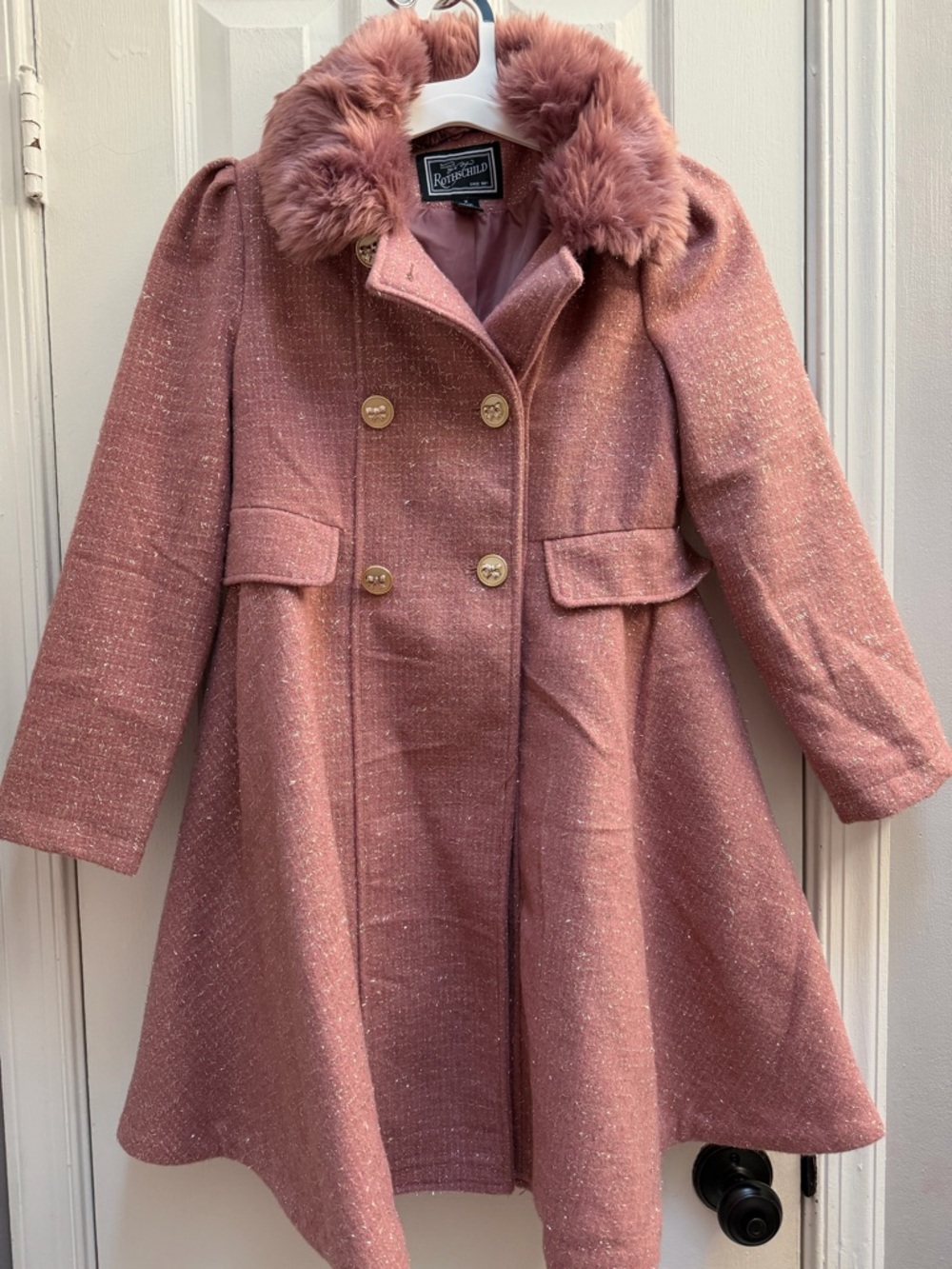 Rothschild Dusty Rose Tweed Pea Coat with Faux Fur Collar